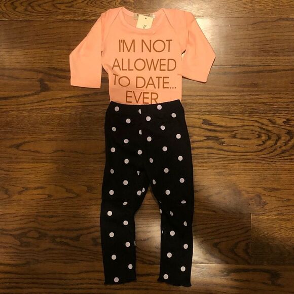 Two Piece Pink and Black with White Polka Pull On Pants With Scalloped Bottoms - Picture 6 of 12